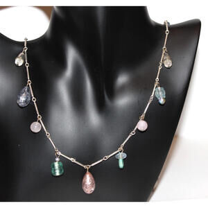 Vintage Sterling Silver Mixed Gemstone Station Necklace Long 38” Dangle Boho